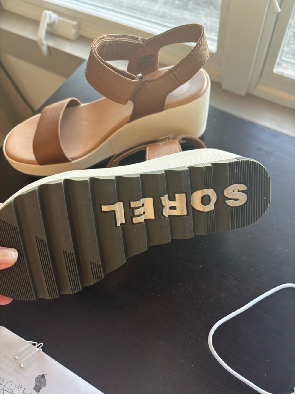 Sorel Tan Brown Leather Ankle-Strap Sandals 7 - Picture 3 of 5